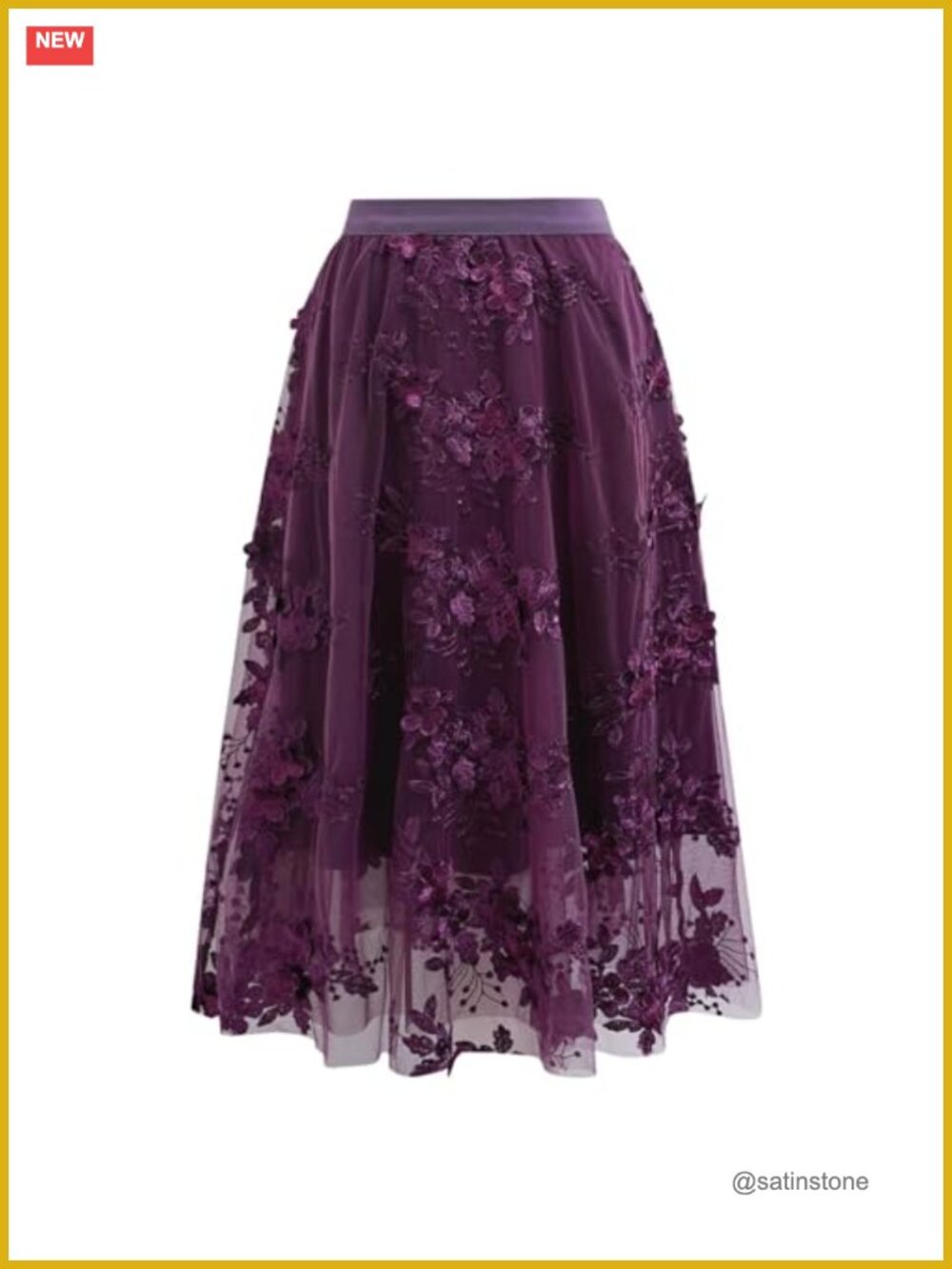 3D Floral Embroidered Tulle Skirt A-Line Midi Double-Layered Mesh Elastic Waist
